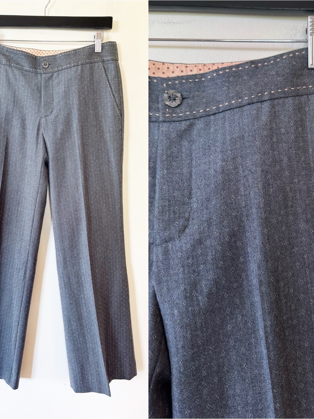 Rebecca Taylor Gray and Pink Stitched Wide Leg Wool Trousers 2